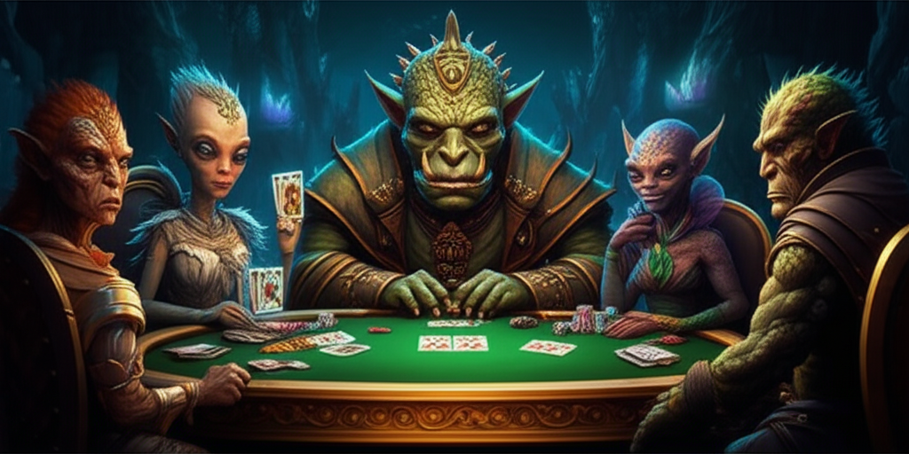 Blandede grupper av romvesener og troll spiller poker